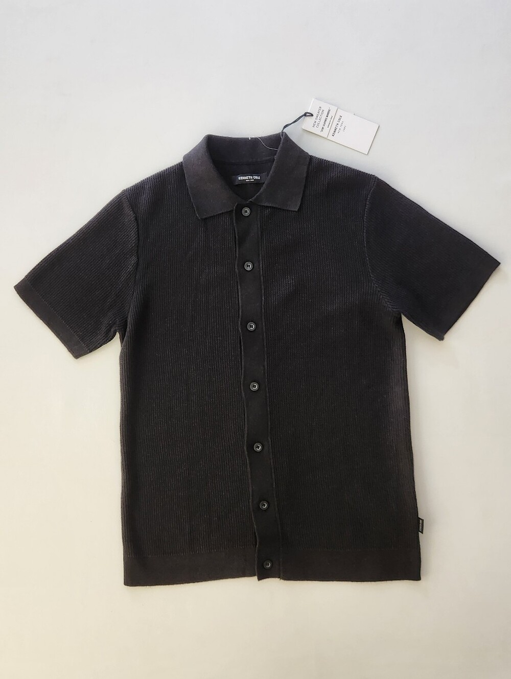 Kenneth Cole Black Short-Sleeve Button-Up Knit Polo